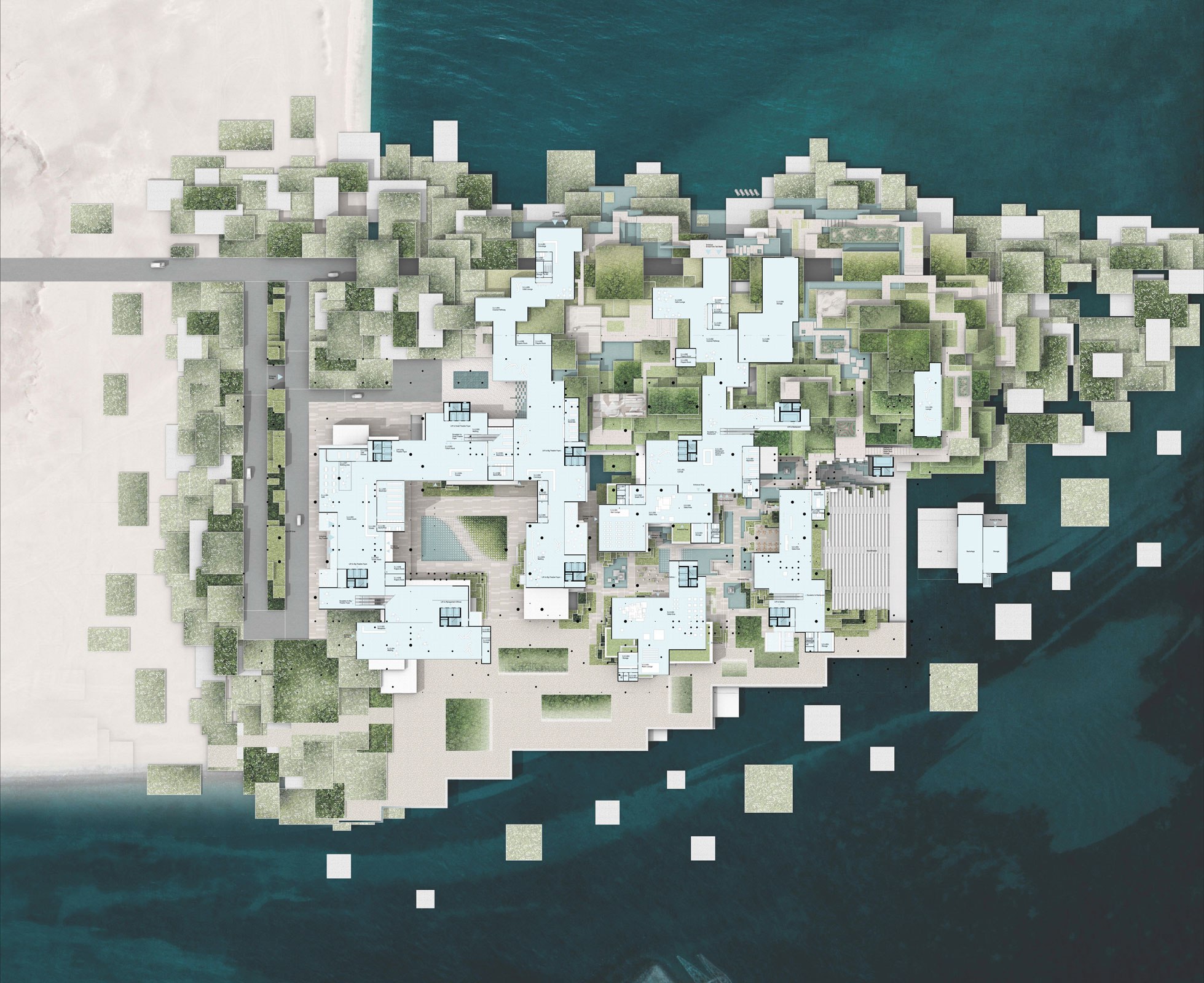 Aerial view of a modern architectural complex on a narrow island, pale-blue and white buildings with greenery beside turquoise water.
