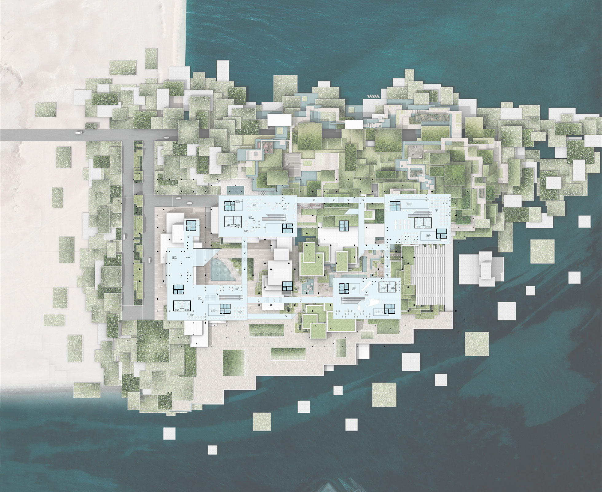 Aerial view of a pastel-blue and white modern architectural complex on a small island in turquoise water.
