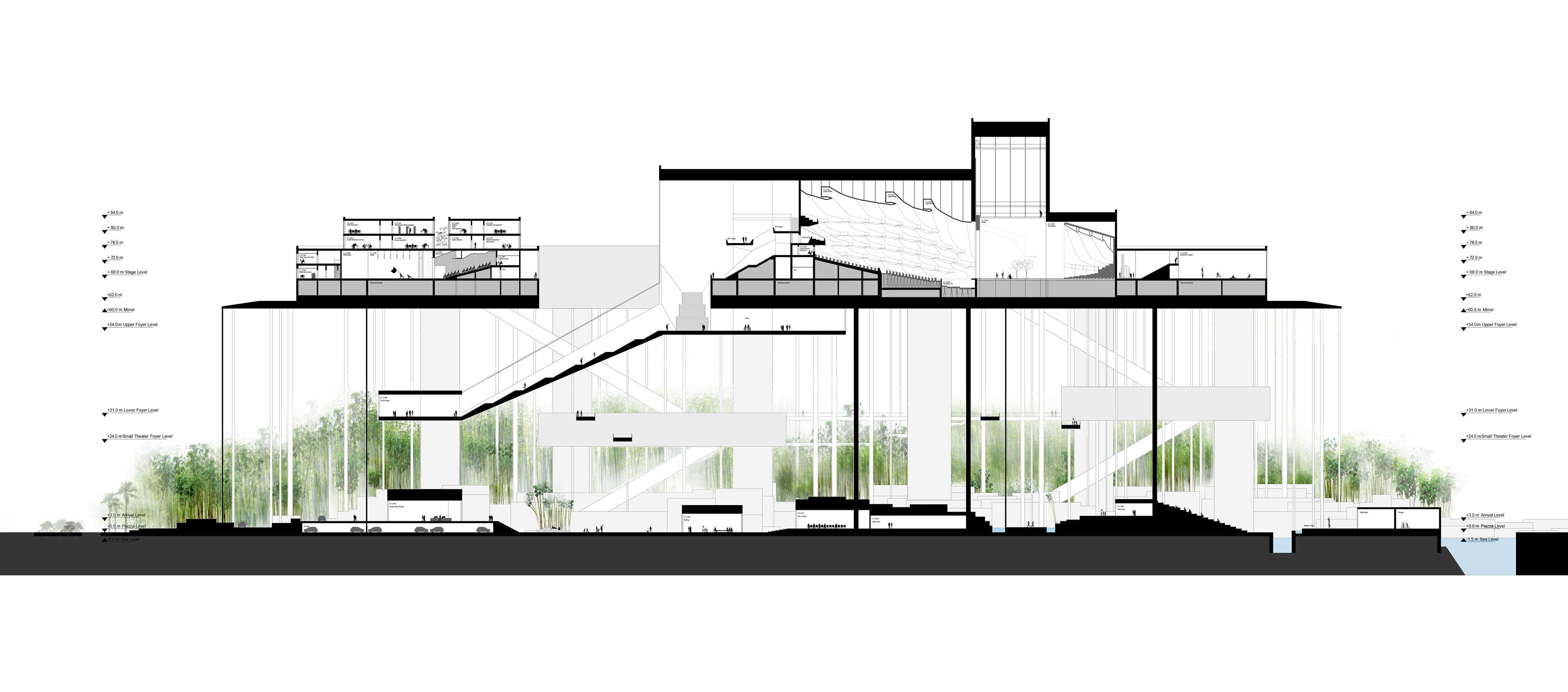Cross-section view of a multi-level modern building with glass walls, central atrium, stairs, and a tree-filled interior courtyard.