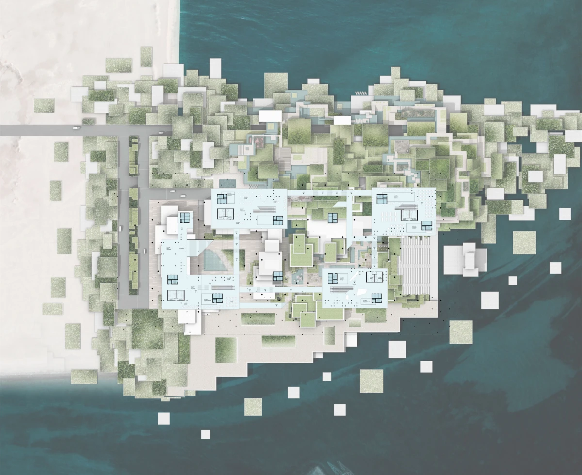 Aerial view of a pastel-blue and white modern architectural complex on a small island in turquoise water.
