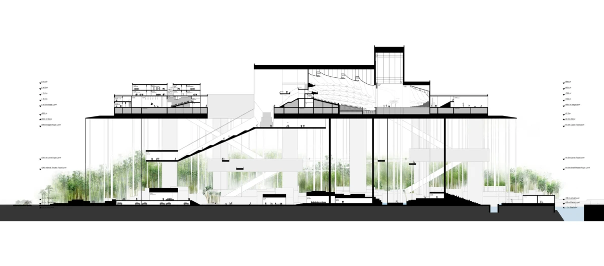 Cross-section view of a multi-level modern building with glass walls, central atrium, stairs, and a tree-filled interior courtyard.