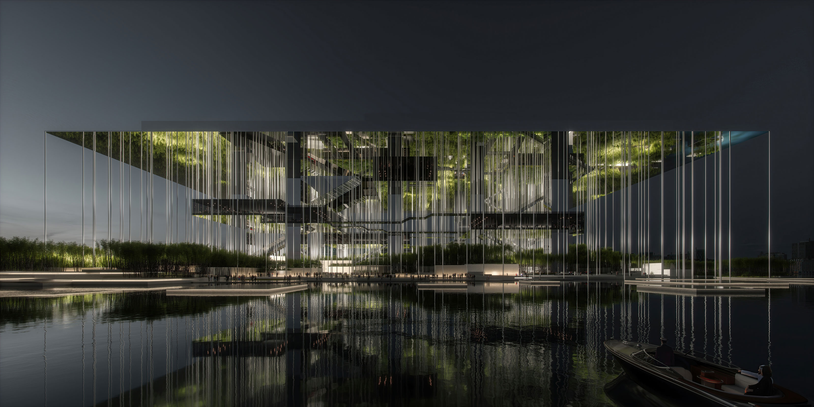 Night view of a modern pavilion over a reflecting pool with vertical cables and greenery; a small boat on the right.