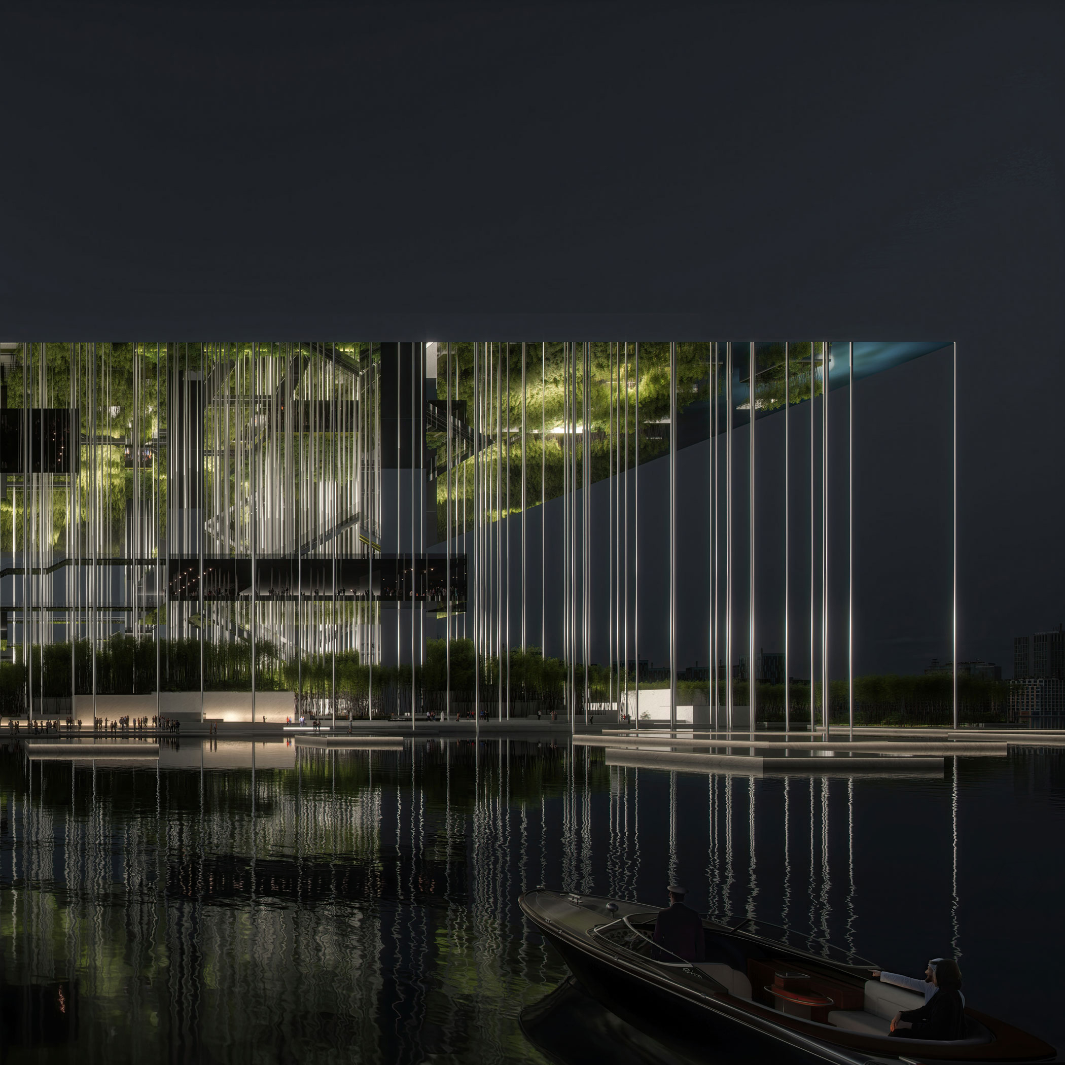 Glass-clad modern building with tall vertical light poles beside a reflecting pool; two people in a rowboat near the shore at night.