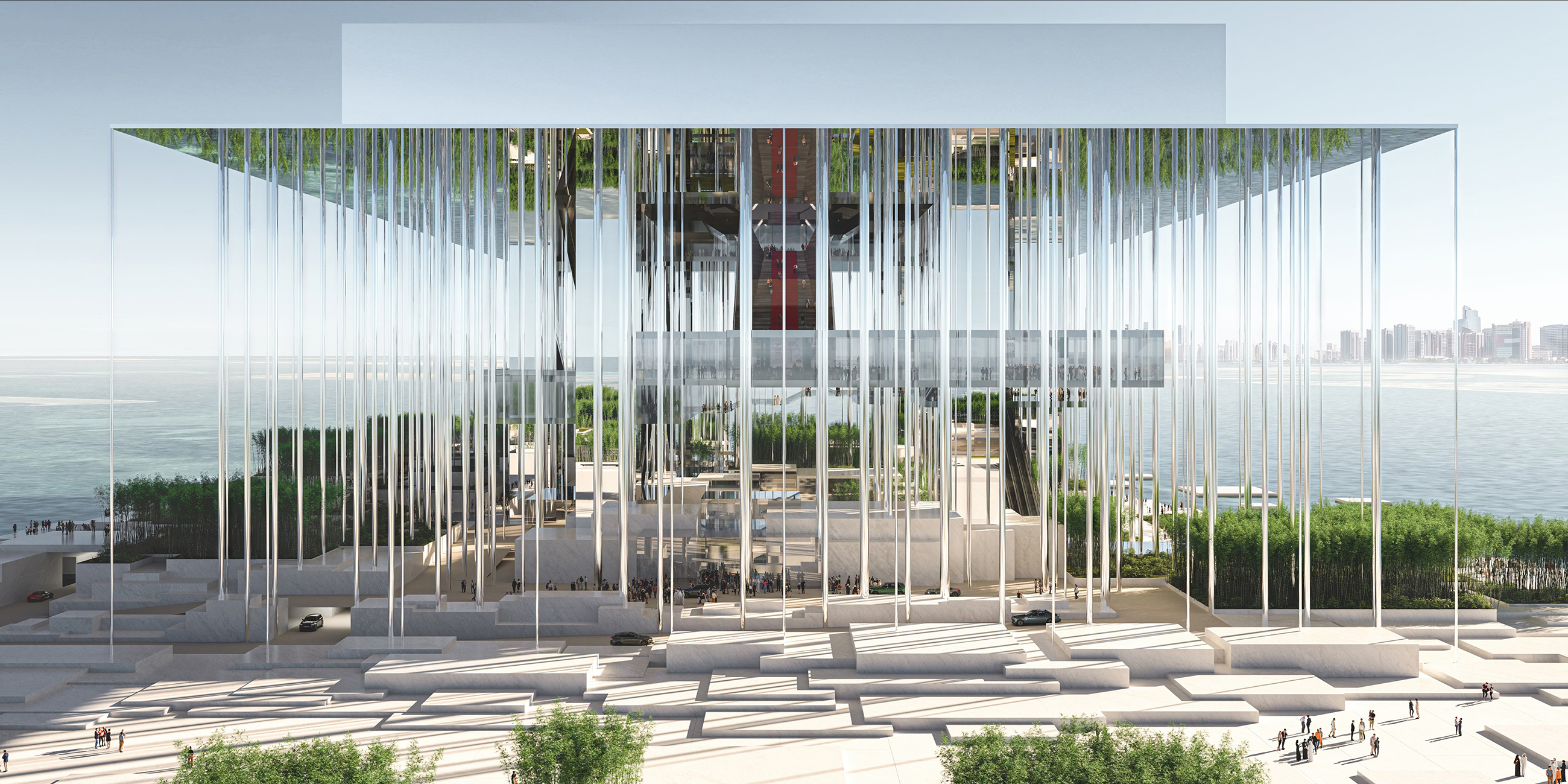 Modern waterfront pavilion with vertical metal rods forming a curtain around a transparent center, by the sea; people on the stepped plaza.