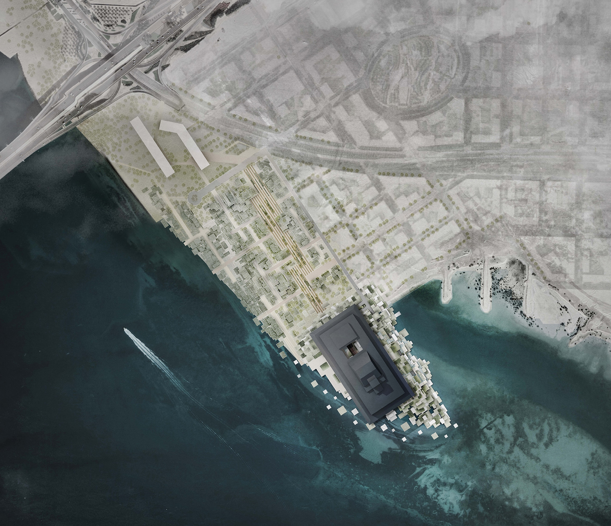 An aerial view of a coastal city with a dark rectangular building on a pier extending into the sea, dense street grid along the shoreline.