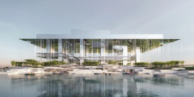 Glass-walled modern pavilion on white stepped waterfront, over calm water with small boats.