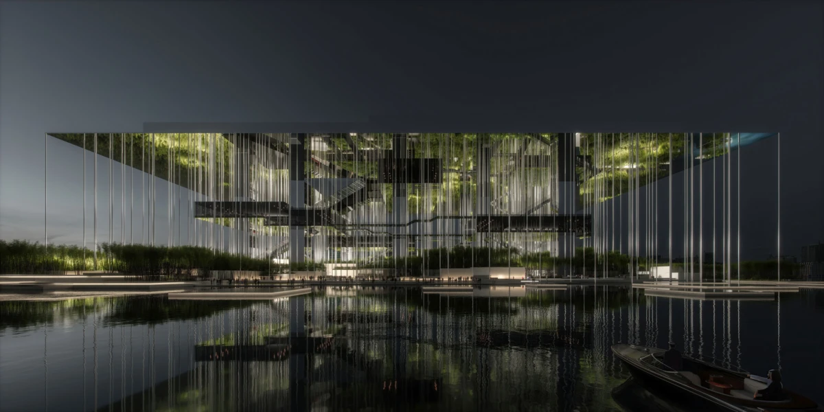Night view of a modern pavilion over a reflecting pool with vertical cables and greenery; a small boat on the right.