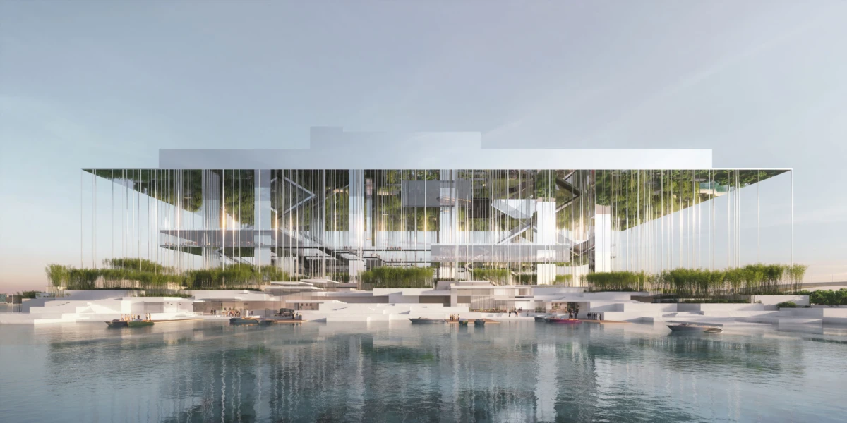 Glass-walled modern pavilion on white stepped waterfront, over calm water with small boats.