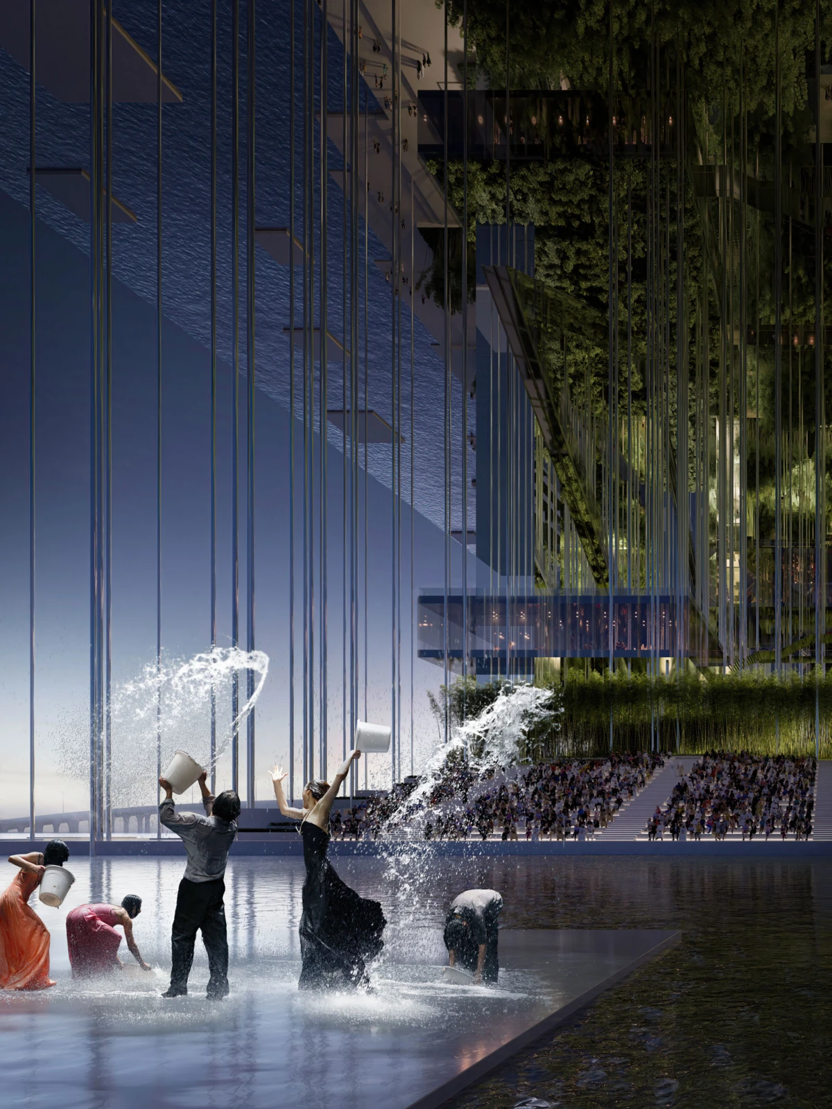 Group of people in formal attire throw water from buckets into a shallow pool at night, in front of a modern glass building with an audience.