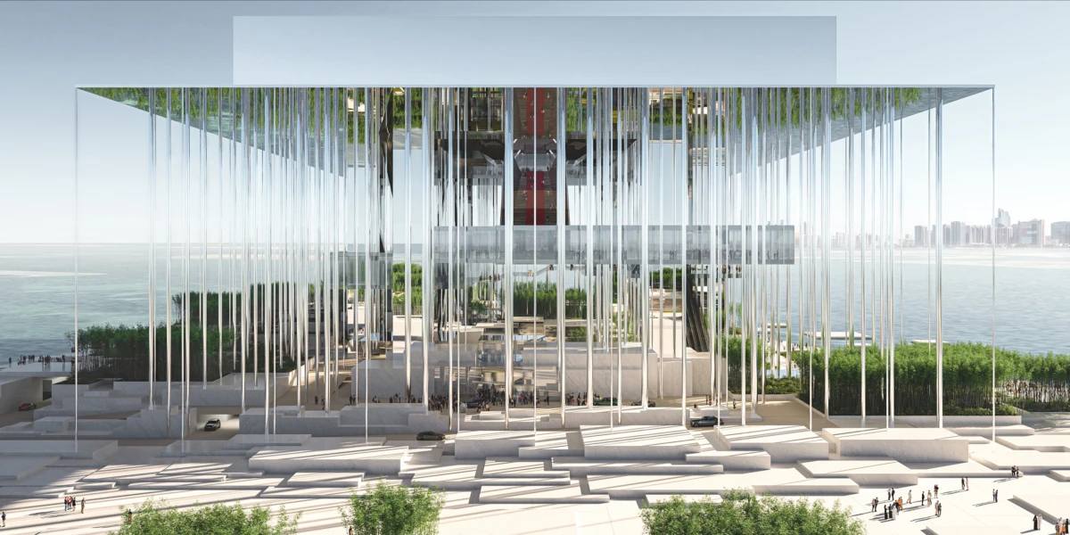 Modern waterfront pavilion with vertical metal rods forming a curtain around a transparent center, by the sea; people on the stepped plaza.