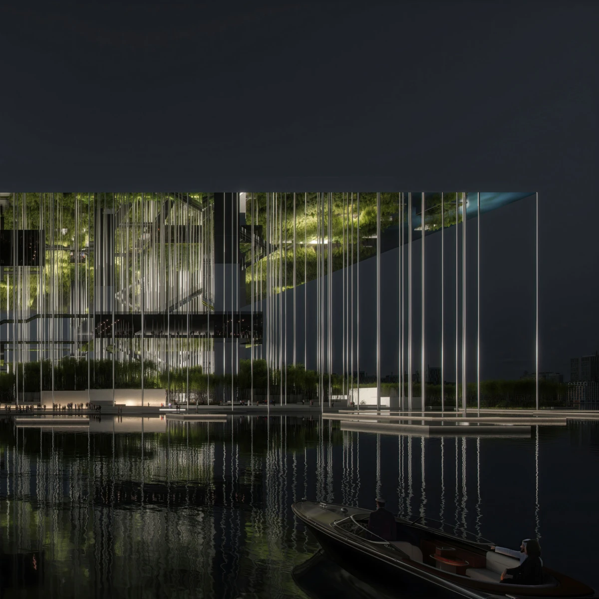 Glass-clad modern building with tall vertical light poles beside a reflecting pool; two people in a rowboat near the shore at night.