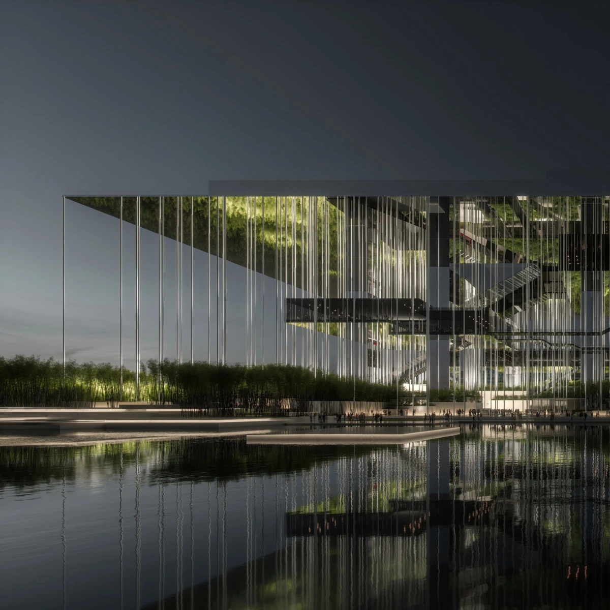 Modern glass-walled building with vertical columns, reflected in a calm pool; greenery along the lakeshore at dusk.