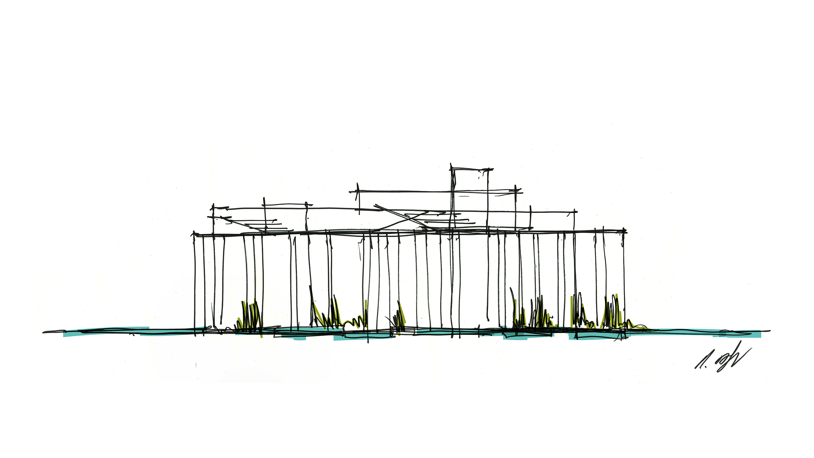 Architectural sketch of a long rectangular structure standing on vertical stilts over water, with sparse vegetation at the base.