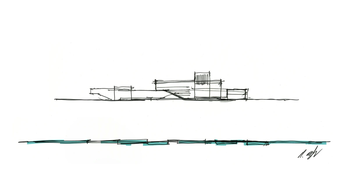 Minimalist line drawing of a modern house on a pier along a calm waterfront.