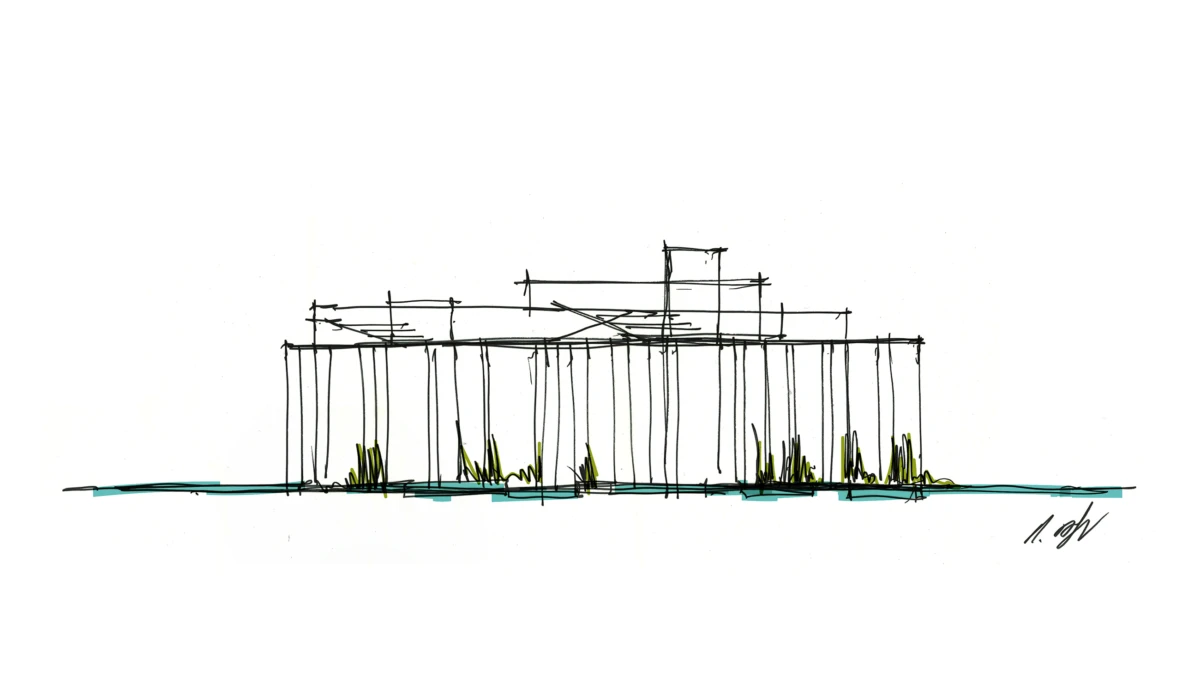 Architectural sketch of a long rectangular structure standing on vertical stilts over water, with sparse vegetation at the base.