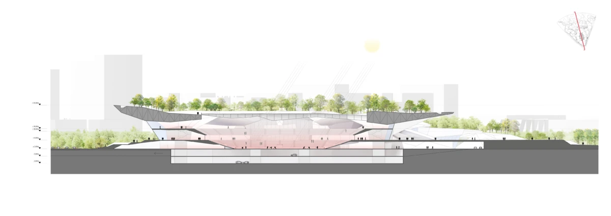 Cross-section rendering of a multi-level cultural center with a green rooftop garden, showing interior atriums and people in an urban setting.