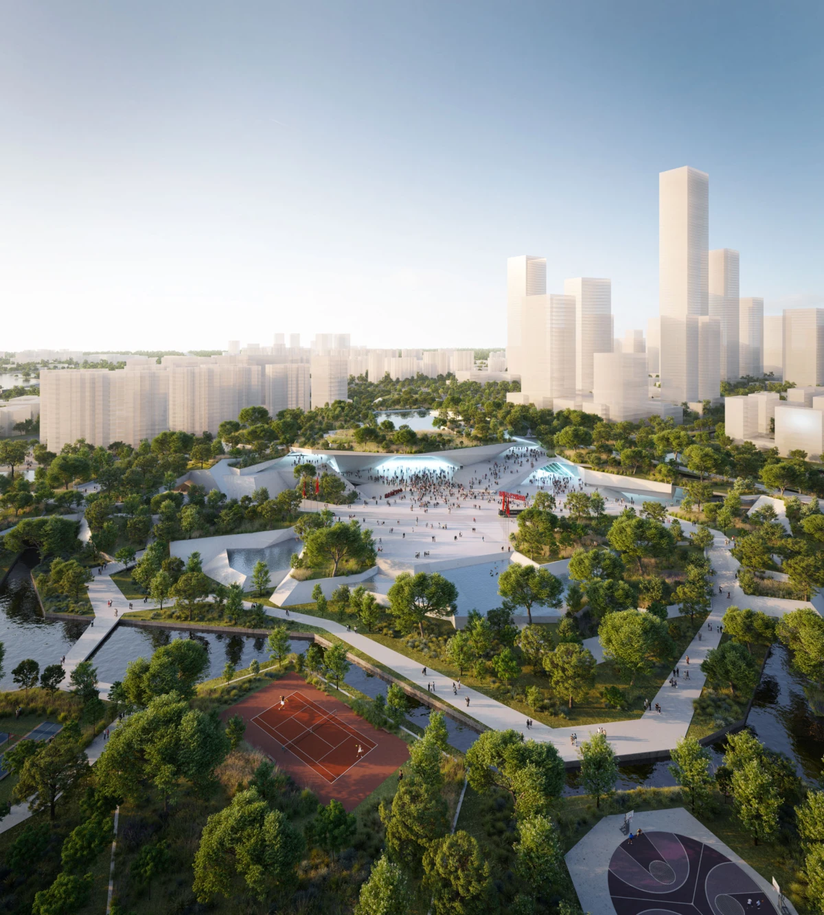 Futuristic urban park with a large white canopy pavilion and crowds, lush greenery, water features, winding paths, and distant skyscrapers.