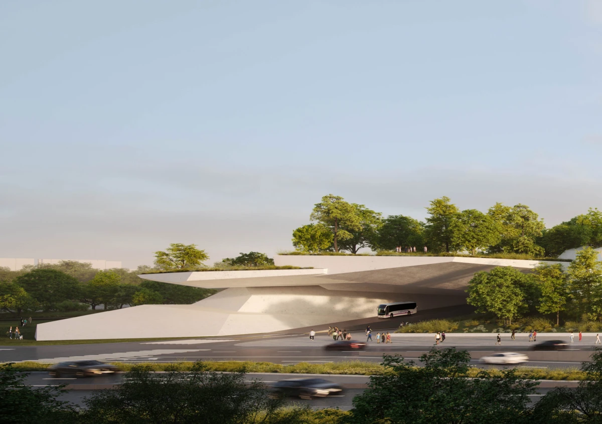 Futuristic layered white concrete pavilion with trees on the roof; pedestrians on the plaza, vehicles on the highway in the foreground.