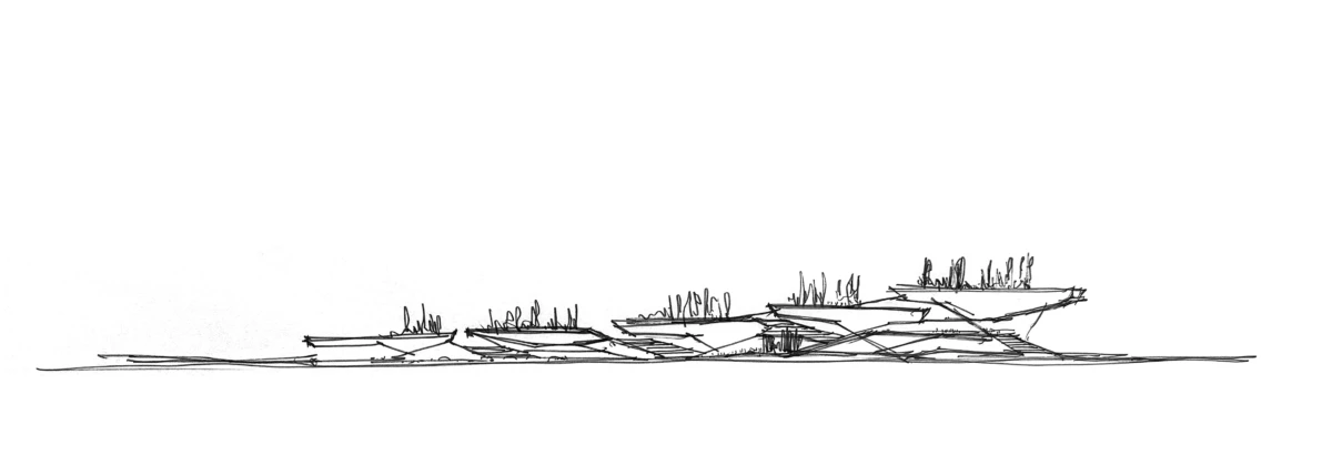 Line sketch of several flat-bottom boats with people on deck, aligned on a calm water surface.
