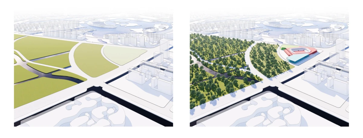 Aerial view of a city plan with large green fields and crisscrossing roads.
Aerial view of a city plan with dense trees in a park and a circular red-roofed stadium.