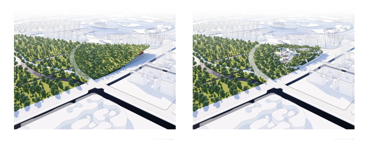 Aerial view of a forested park with a winding pedestrian path beside a canal in a modern urban landscape.
