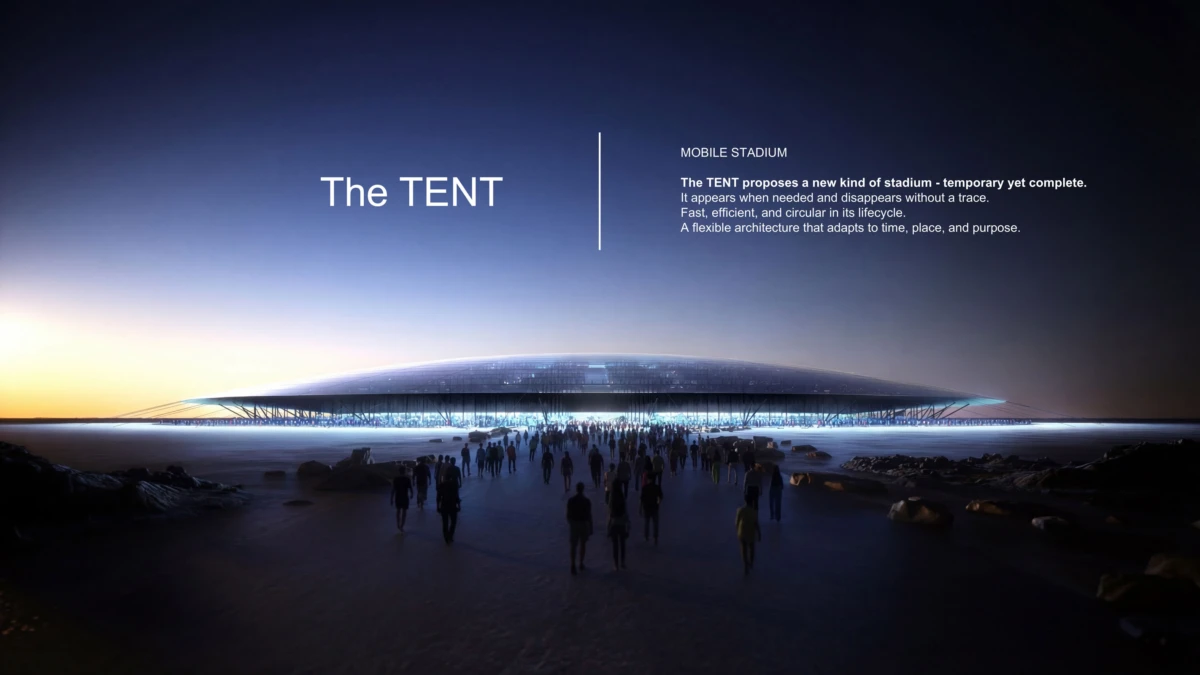 Crowd approaches The TENT, a futuristic mobile stadium on a coastal shore at dusk.