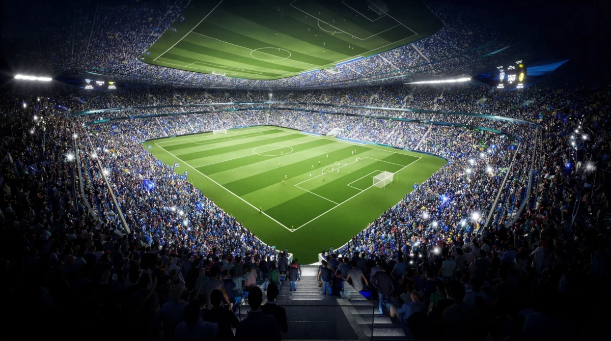 Aerial view of a packed soccer stadium with players on a green pitch during a match.