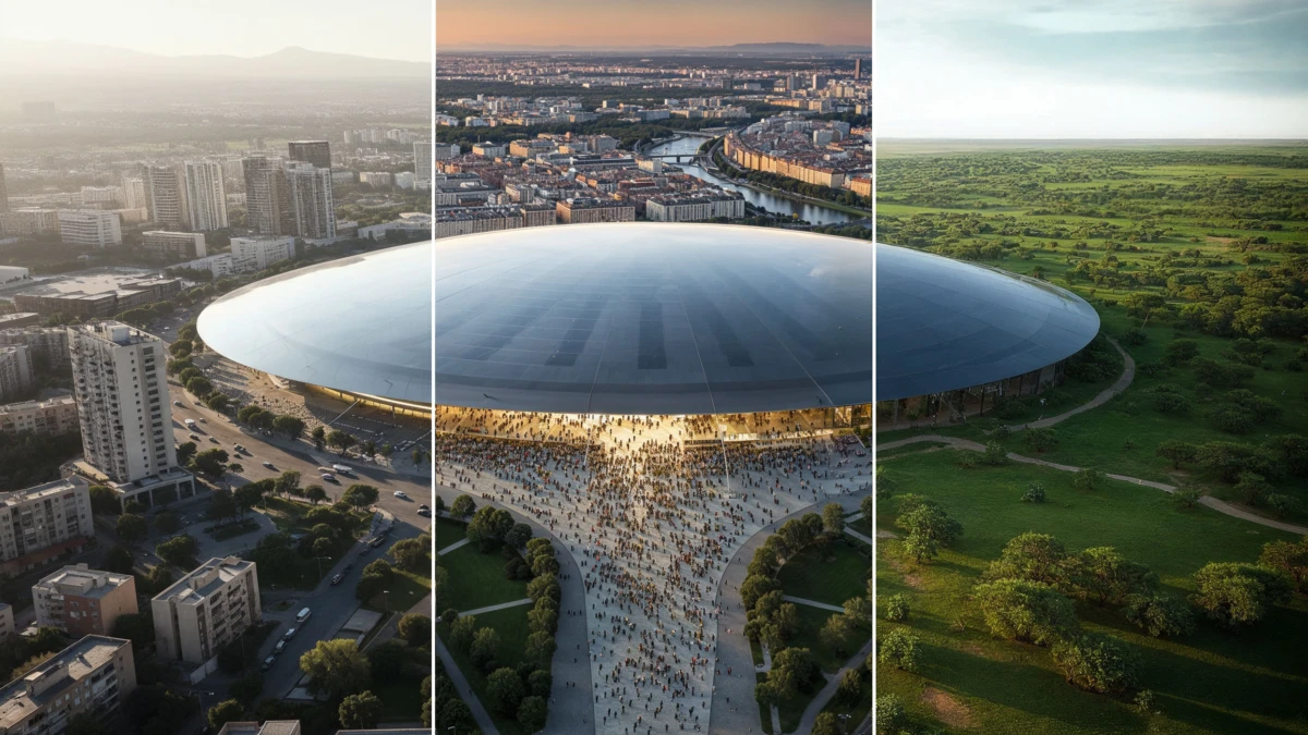 Aerial view of a circular domed stadium crowded with people; city skyline on the left and green fields on the right.