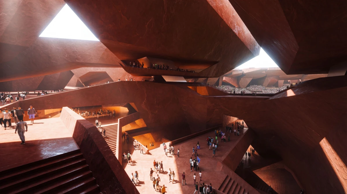 Massive red-brown concrete structure with interlocking ramps and terraces; visitors walk the stairways.