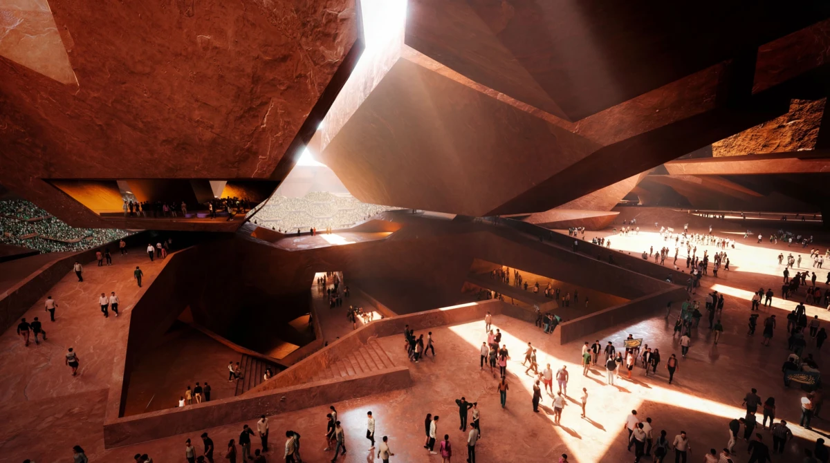 Monumental red-brown angular concrete interior with intersecting ramps; numerous visitors roam the space.