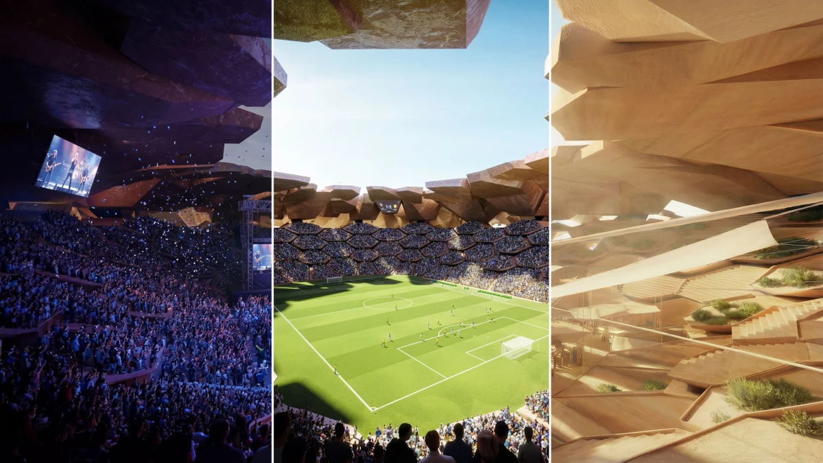 Triptych collage: left-packed arena with concert crowd; center-sunny soccer stadium with players; right-angular wooden interior.