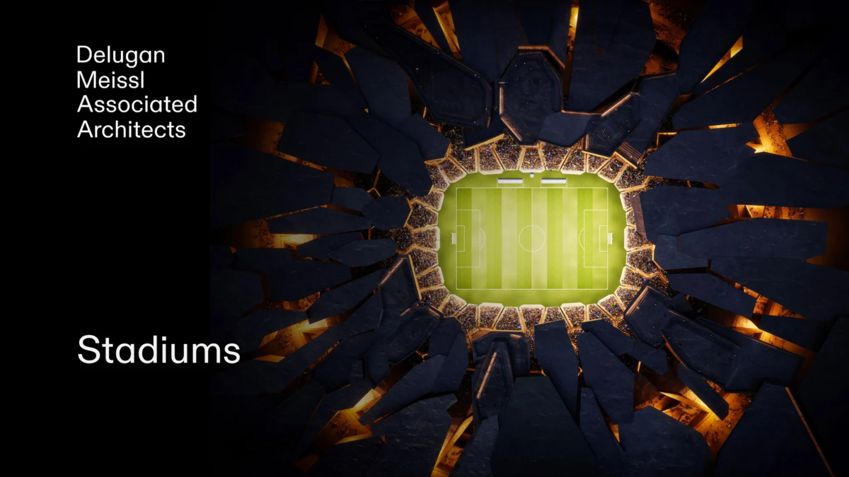 Top-down view of a green football stadium encircled by dark jagged rings; left panel reads Delugan Meissl Associated Architects, Stadiums.