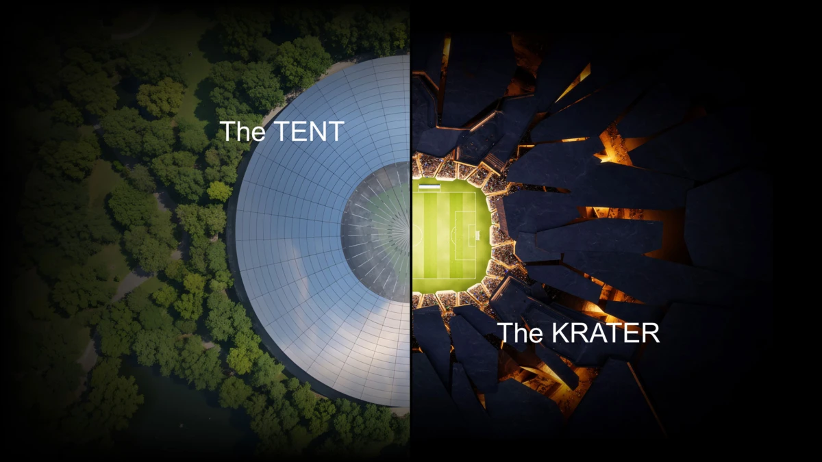 Split image: left shows circular stadium among trees labeled The TENT; right shows crater with a sunlit soccer field labeled The KRATER