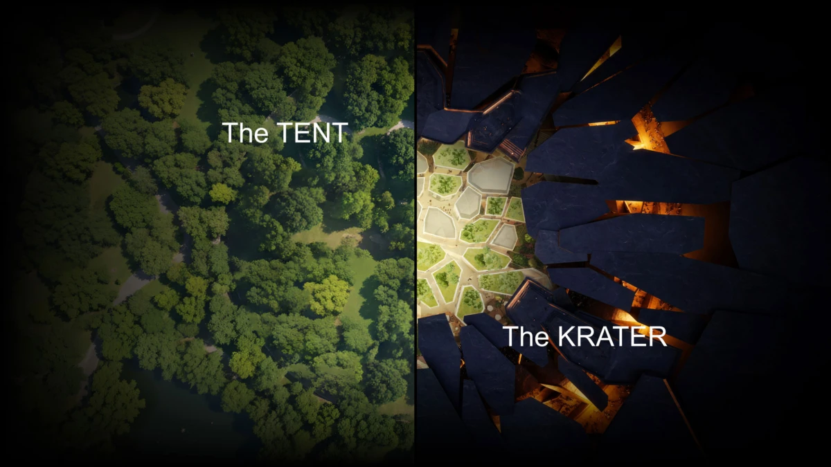 Split aerial view: left dense forest labeled The TENT; right fractured crater with orange glow and hexagonal floor labeled The KRATER