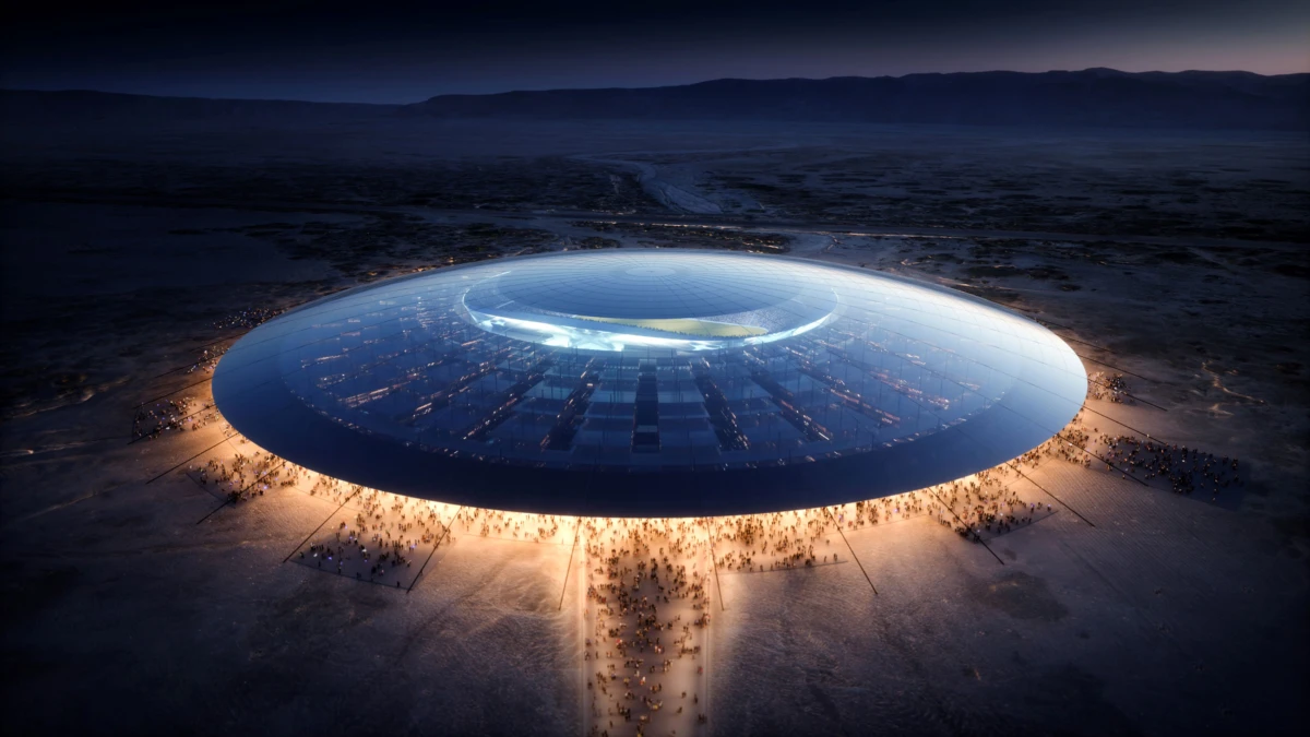 Saucer-shaped structure hovering above a desert at dusk, glow emanating from underneath as crowds gather around its edge.