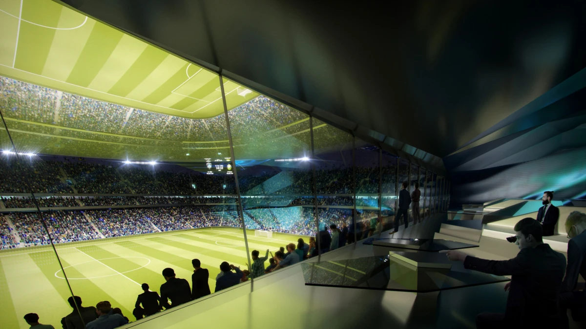 Futuristic glass-walled viewing lounge overlooking a lit soccer stadium as spectators watch the match.
