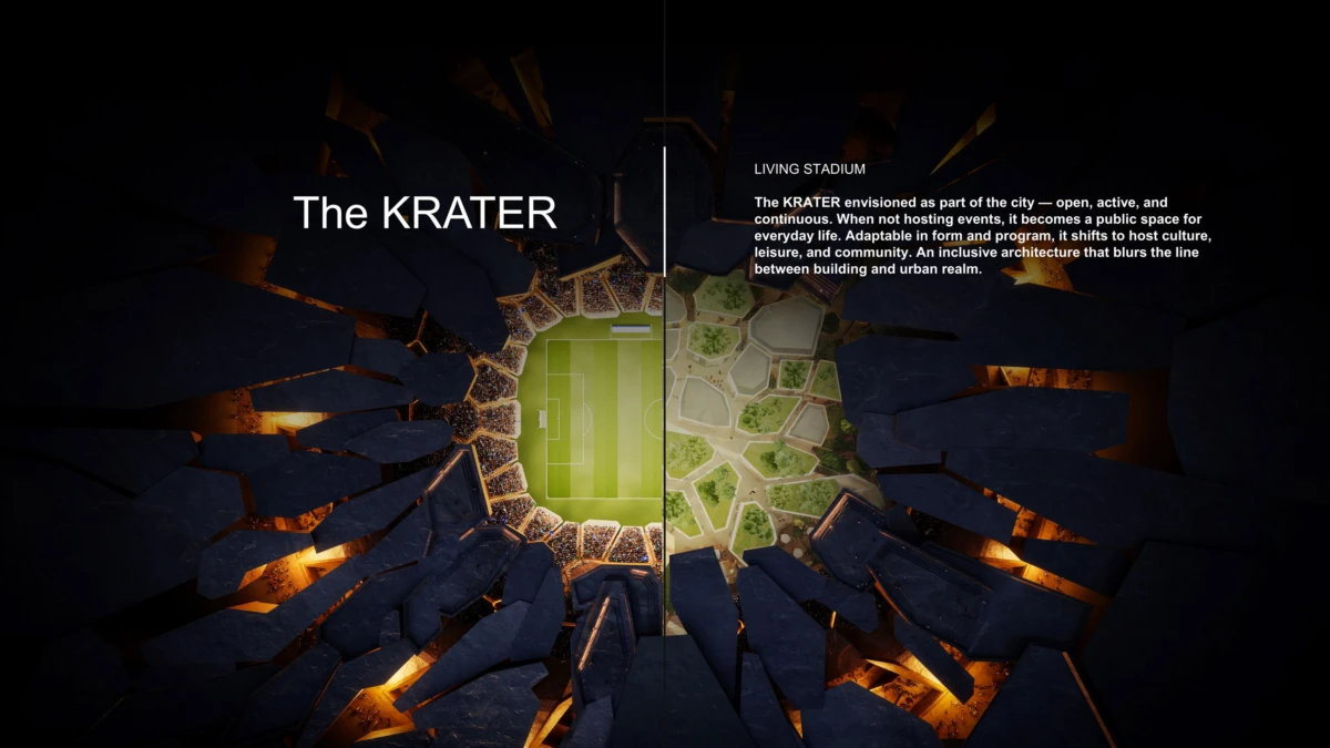 Aerial view of a green football stadium through jagged blue fragments; left shows 'The KRATER', right presents 'LIVING STADIUM' text.