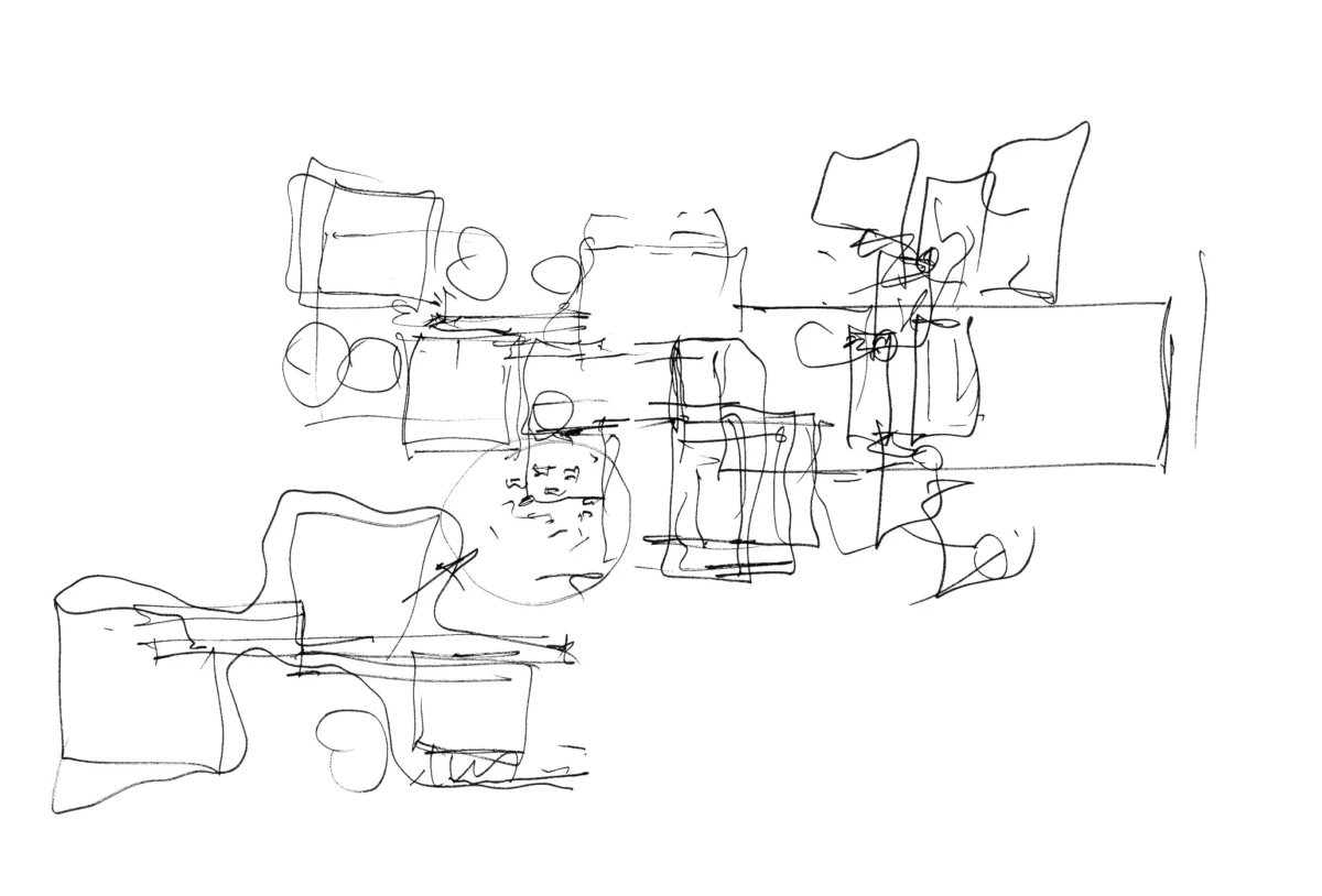 Abstract line drawing of overlapping rectangles and circles on a white background.