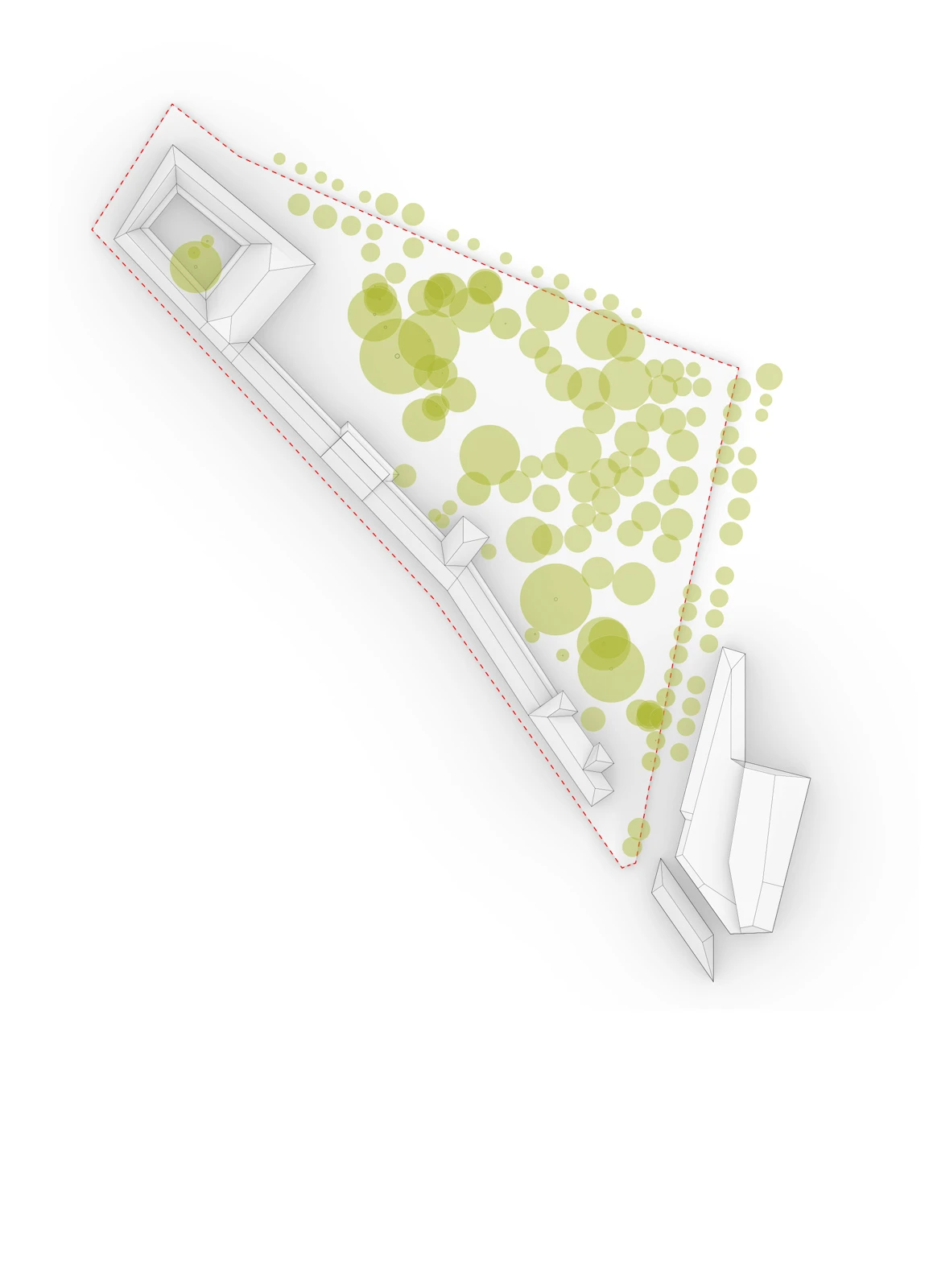 Isometric site plan of a triangular plot with white buildings along two edges and numerous lime-green trees; red dashed boundary marks the lot.