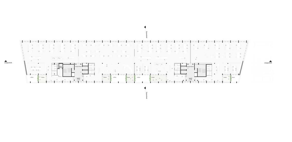 Long rectangular office floor plan with two central cores, stairwells, elevators, and surrounding offices.