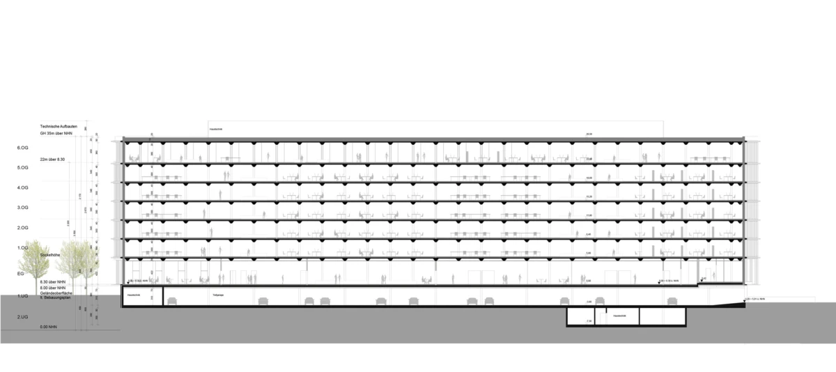 Architectural cross-section of a multi-story building with basement, showing interior floors and a street with trees at left.