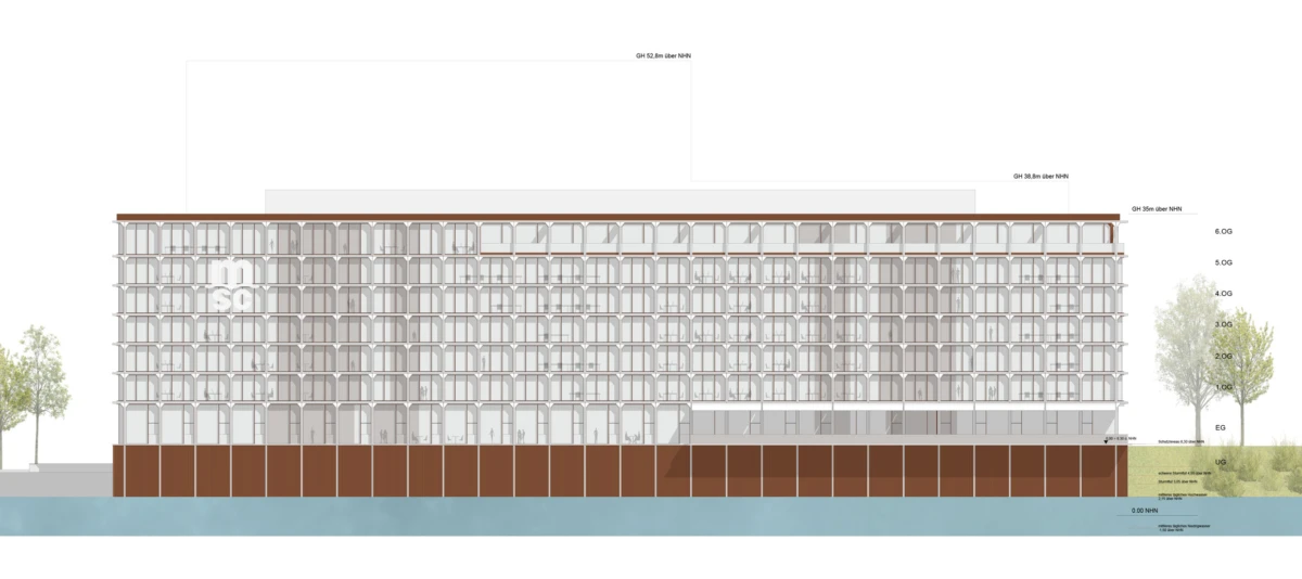 Elevation view of a modern glass office building along a waterfront, with a brown podium base and trees on both sides.