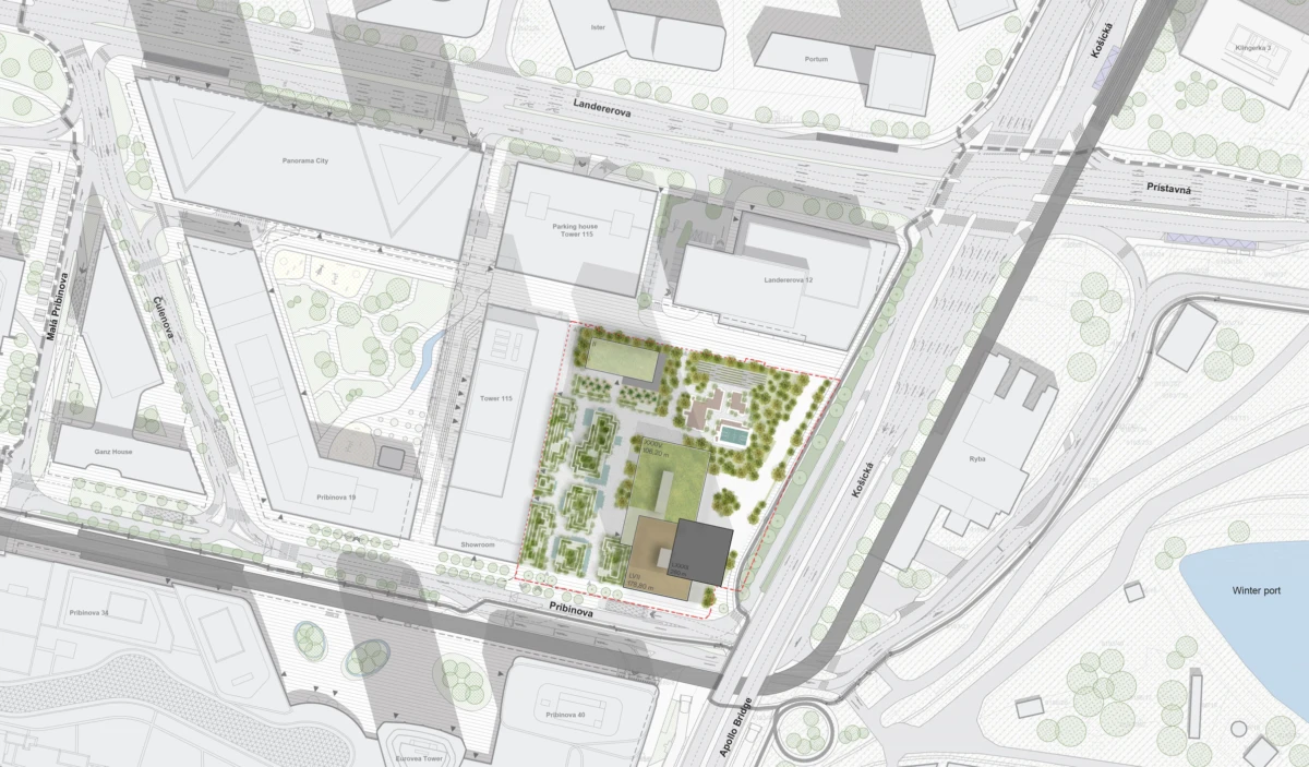 Top-down urban site plan of a city block featuring a bordered landscaped courtyard with trees and paths around a dark-roofed building.