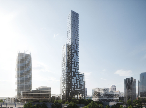 Modern city skyline featuring a tall glass skyscraper with a cube-pattern facade, a rounded high-rise to the left, and other glass towers on a clear day.