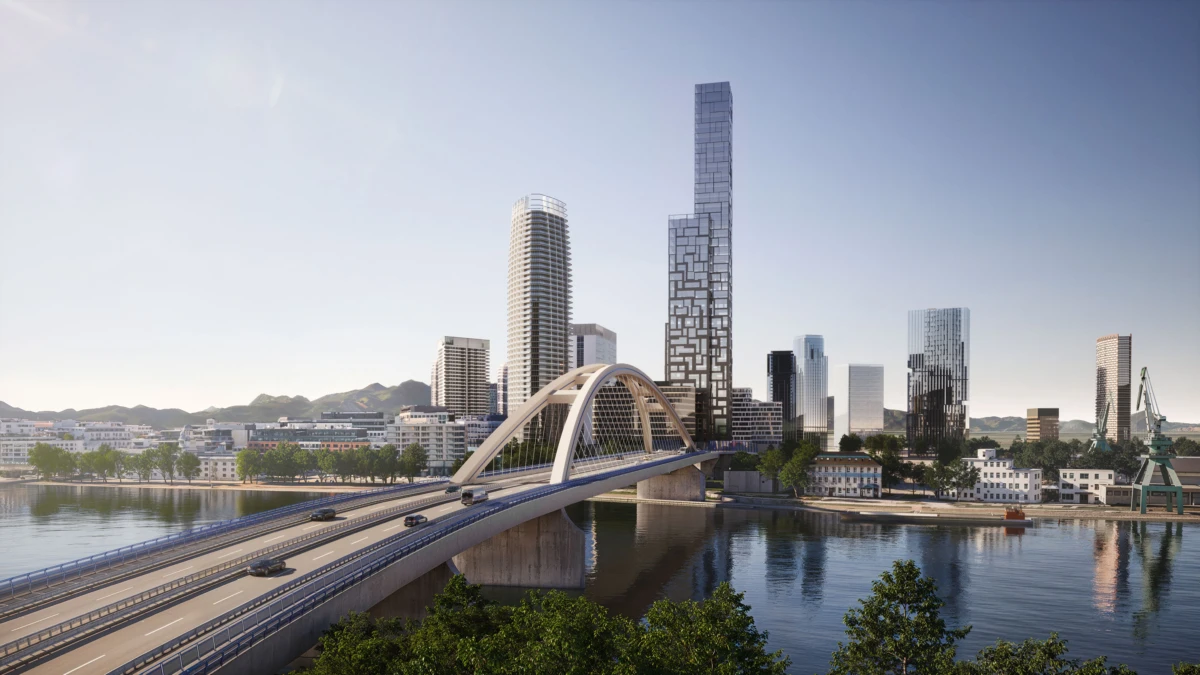 City skyline with a white arch cable-stayed bridge spanning a calm river, tall glass skyscrapers, and hills in the background.
