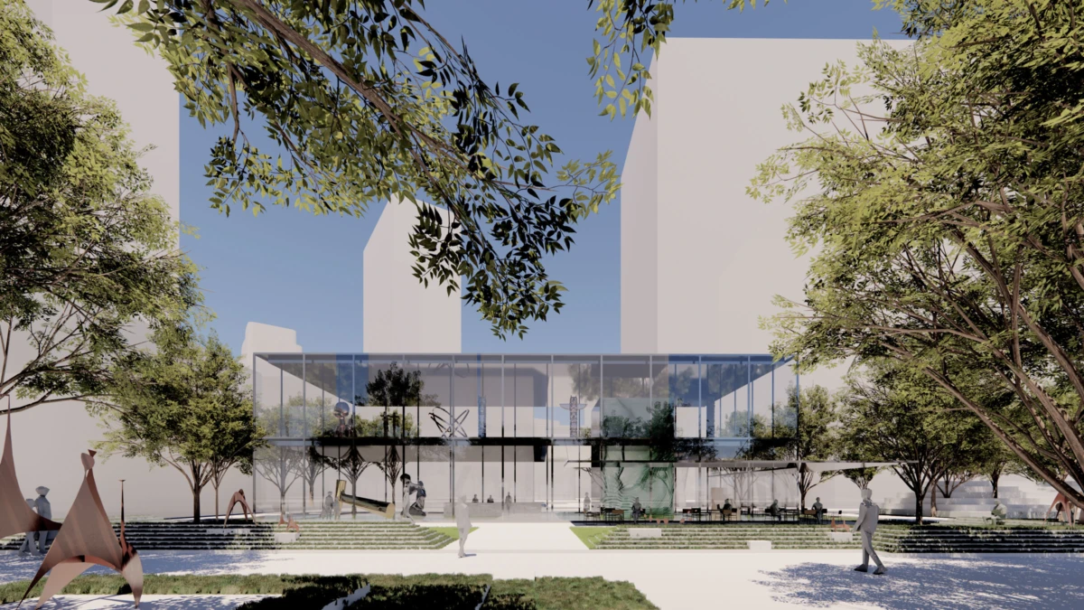 Modern glass-walled pavilion on a raised platform in a tree-lined urban plaza; people walk and sit.