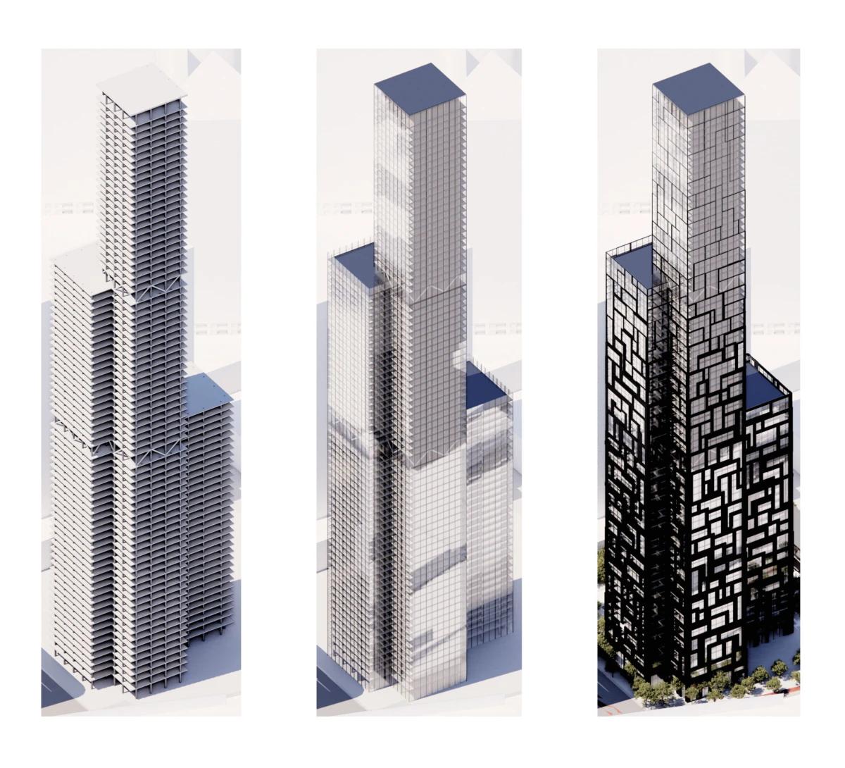 Three tall glass skyscrapers in an urban setting, each with a distinct facade.