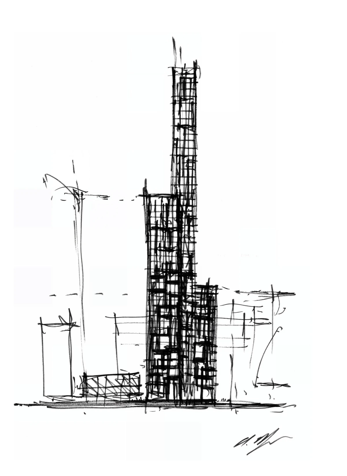 Sketch of a tall skyscraper under construction in an urban landscape.