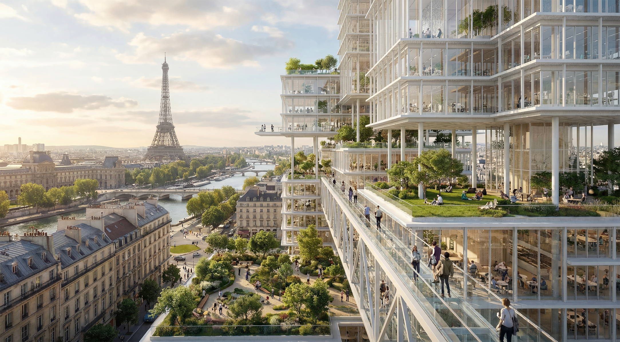 Futuristic glass-clad residential complex with skybridges and terraces; people walk along glass walkways by the Seine, the Eiffel Tower in the distance.