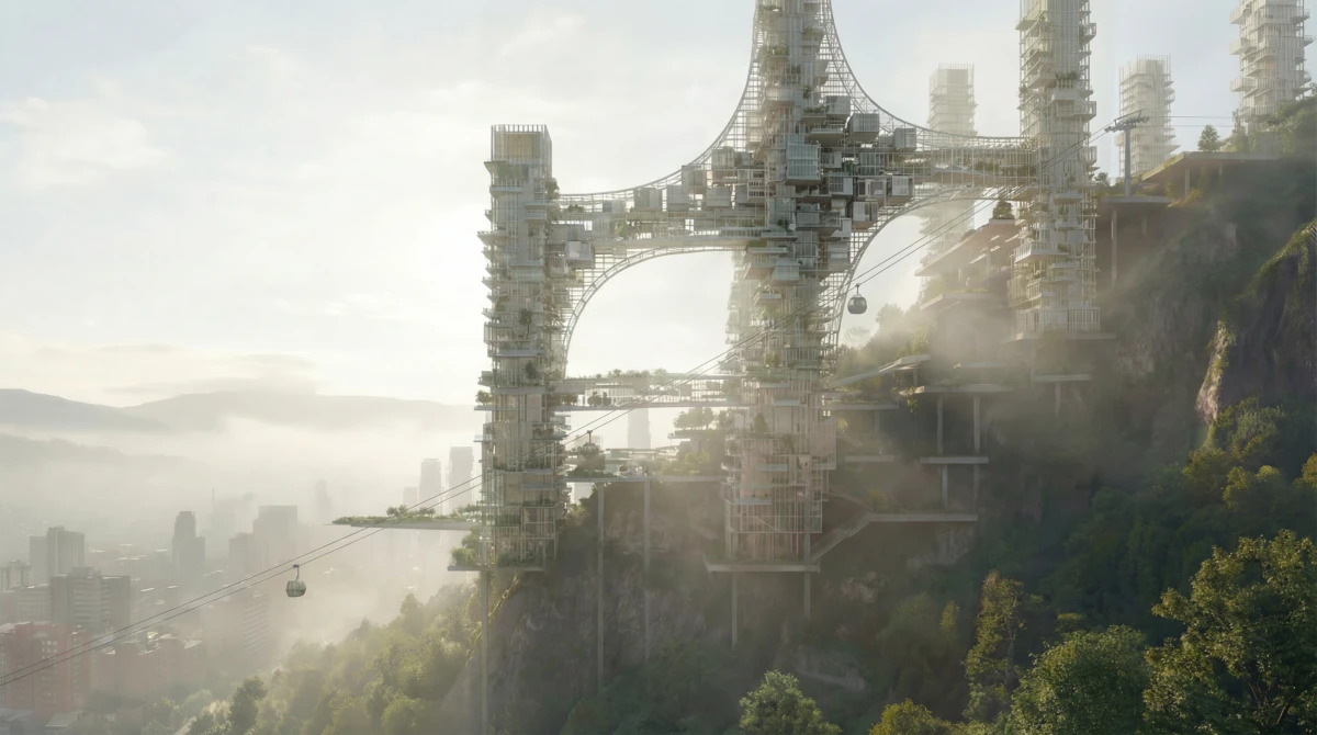 Futuristic cliffside city of glass towers and arched supports, with cable cars gliding along suspended arches above a foggy valley.